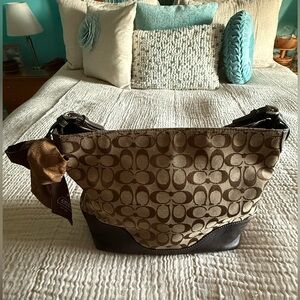 Coach Brown and Black Shoulder Bag with Signature Monogram